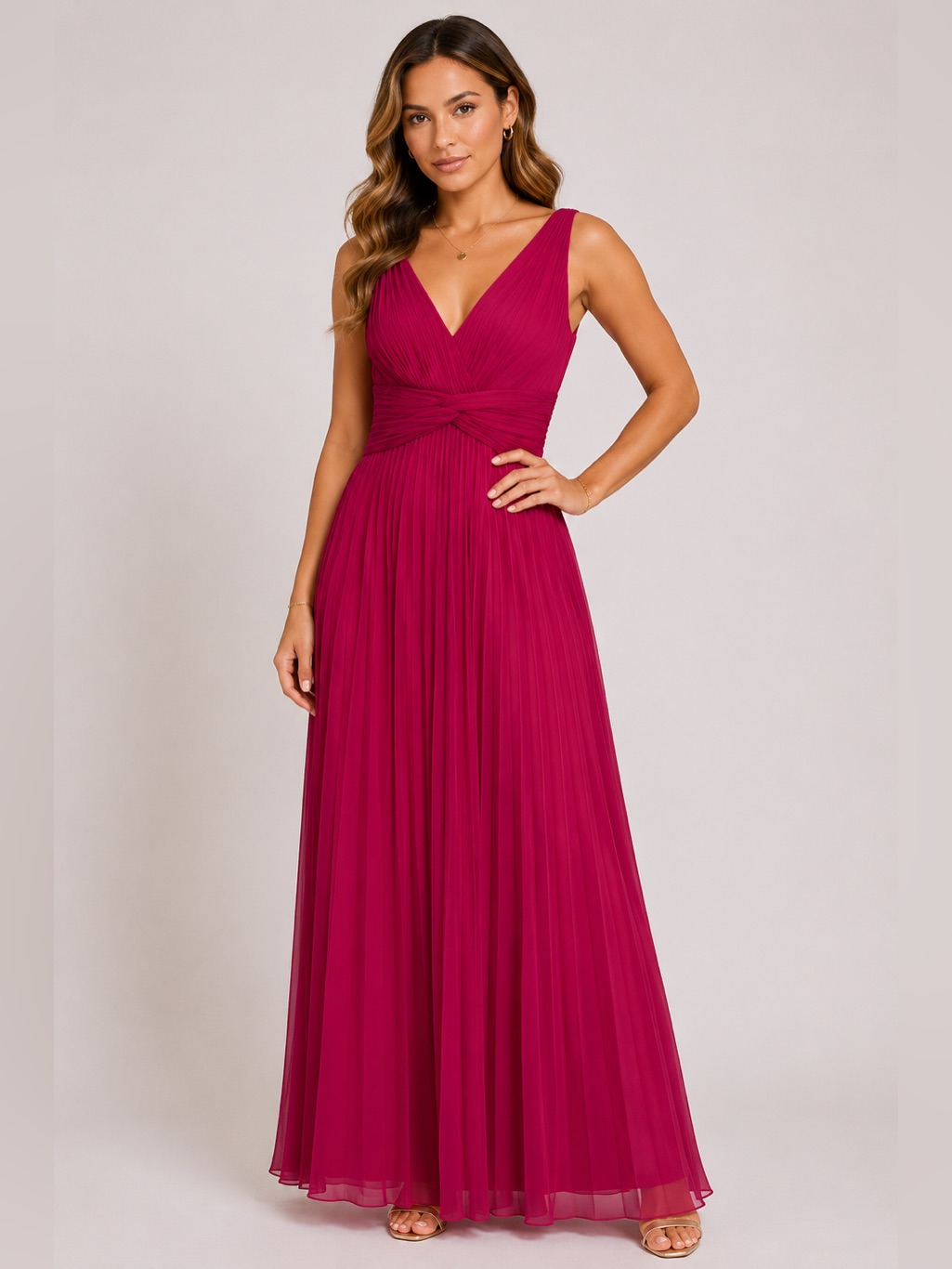 Alex Evenings Fuchsia Pleated V-Neck Sleeveless Gownt Dress Women Size 14w